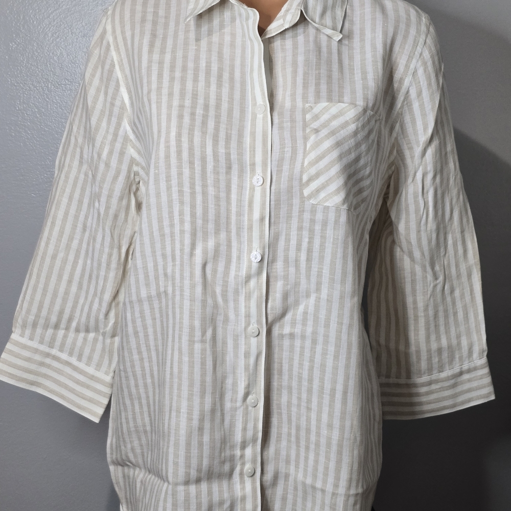 Chico’s 100% Linen Striped Tunic Blouse Top Shirt Button Down SZ 1 Excellent